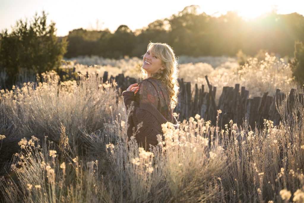 Melody laughing at golden hour in Santa Fe